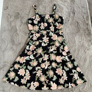 Who What‎ Wear Sz L Black Batik Floral Linen Dress Garden Cottagecore